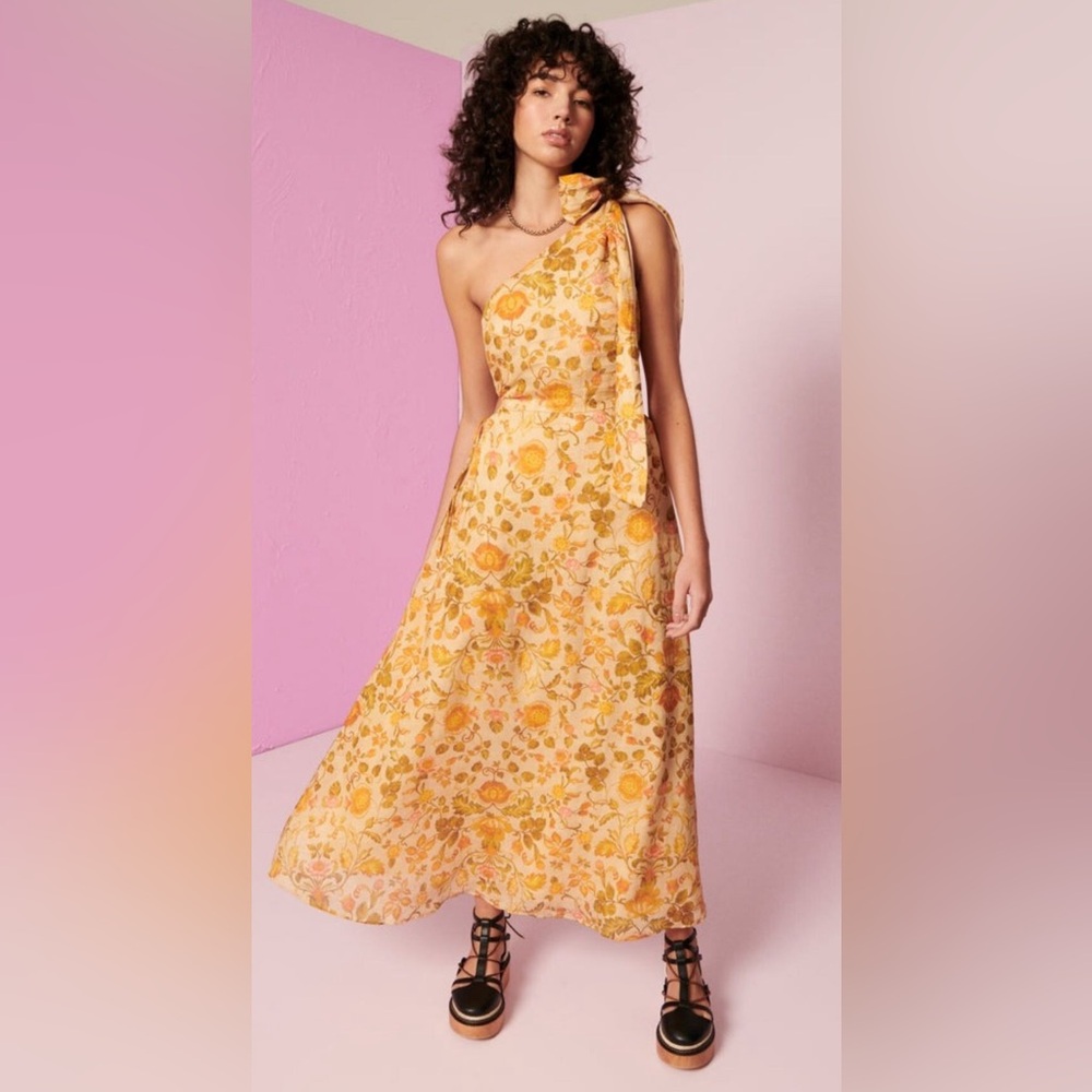 Kate Ford Floral One-Shoulder Dress in Yellow and Cream